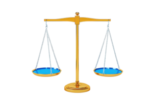 uma equilibrado escala com azul panelas simboliza justiça e igualdade, apresentando uma dourado viga e uma robusto base. png