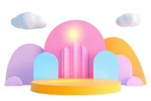 A colorful, abstract scene featuring layered geometric shapes, with a central illuminated structure and stylized clouds above. png