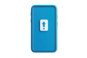 A blue smartphone with a white upload icon prominently displayed on its screen. png