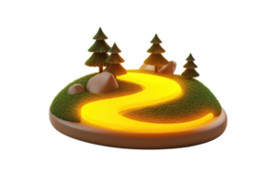 A serene landscape featuring a winding path illuminated by a warm glow, surrounded by trees and rocks on a grassy island. png
