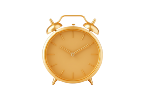 A classic gold alarm clock with a round face and two bells on top, indicating time with simple hour and minute hands. png