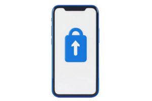A smartphone displaying a blue padlock icon with an upward arrow on a white screen, symbolizing security or data protection. png