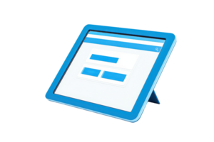 A blue tablet displaying a user interface with buttons and options for interaction. png