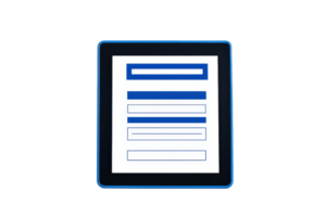 A digital form displayed on a tablet with various input fields in blue and white. png