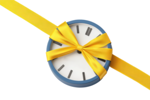 A decorative clock wrapped in a yellow ribbon, symbolizing the gift of time, set against a transparent background. png