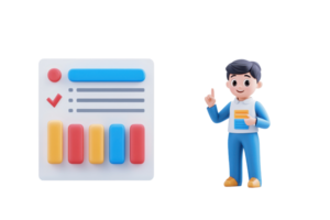 A young character stands beside a colorful data chart, gesturing confidently, suggesting analysis or presentation in a modern and friendly style. png