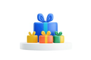 A colorful arrangement of gift boxes featuring bows, varying in size and color, presented on a circular platform. png