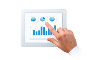 A hand points at a digital tablet displaying various charts and graphs, indicating data analysis. png