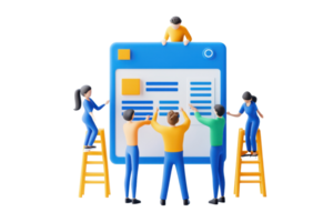 A group of miniature figurines collaborates on a large digital interface, showcasing teamwork and creativity in a dynamic work environment. png