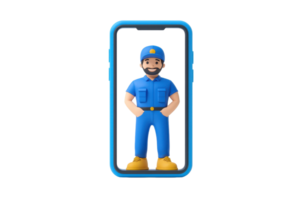 A cartoonish maintenance worker figure is displayed within a blue smartphone frame, wearing a blue uniform and a cap. png