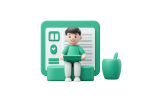 A cheerful character sits while interacting with a digital interface, showcasing a blend of education and technology in a playful design. png