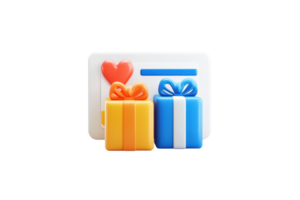 Two colorful gift boxes, one yellow and one blue, accompanied by a white card with a heart symbol and a horizontal line. png