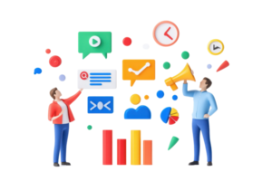 Two individuals engage with various digital icons and graphs, representing communication and data analysis. png