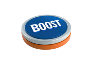 A round button labeled BOOST in blue and white, featuring an orange base, designed to convey an action or enhancement. png