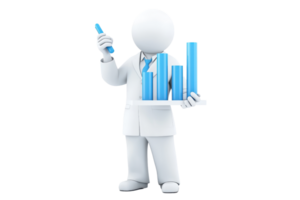A 3D figure in a lab coat holds a test tube and presents a set of blue bar graphs, symbolizing research and analysis. png