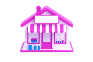 A colorful, cartoon-style shop featuring a pink roof, striped awning, and front windows displaying various items. png
