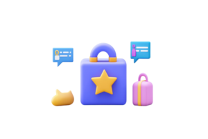A colorful suitcase with a star emblem, accompanied by a smaller bag and chat bubbles, symbolizing travel and communication. png