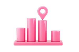 A pink bar graph with varying heights and a location pin symbolizes data visualization and geographic data representation. png