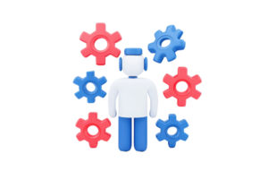 A stylized figure surrounded by colorful gears, symbolizing collaboration, teamwork, and innovation. png