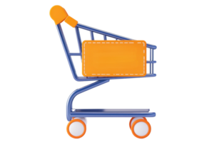 A colorful shopping cart with a bright orange basket and blue frame, designed for carrying items during shopping. png