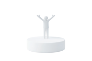 A small figurine stands with arms raised, celebrating or expressing joy on a circular platform. png