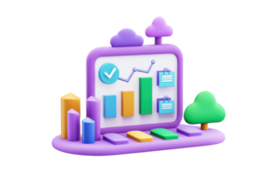 A colorful 3D chart with bars, a checklist, and clouds, representing data visualization and analytics. png