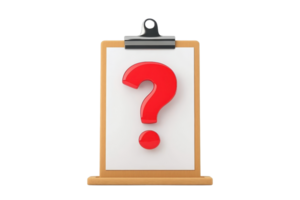 A clipboard displays a large red question mark, symbolizing inquiry or uncertainty. png