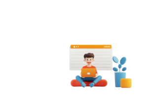 A character sitting cross-legged with a laptop, smiling, accompanied by a plant in a pot, and a card-like element above. png