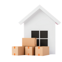 A simple white house structure with several stacked cardboard boxes in front of it. png