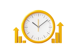 A modern clock with a yellow frame, featuring hour and minute hands, accompanied by upward trend arrows symbolizing growth and progress. png