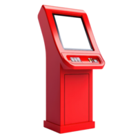 A bright red kiosk featuring a touchscreen interface and buttons, designed for interactive user engagement. png