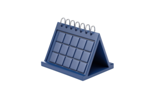 A blue desk calendar with a triangular stand and a grid layout for dates, featuring multiple metal rings at the top. png