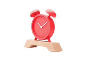 A vibrant red alarm clock with a wooden base, featuring two bells on top and a classic round face with white hour and minute hands. png
