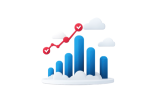 A stylized graph with blue bars increasing in height, accompanied by red trend lines and fluffy white clouds. png