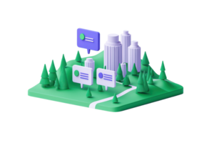 A colorful 3D model depicting a cityscape with buildings, trees, and chat bubbles symbolizing communication and connectivity. png
