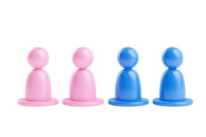 Four colorful game pieces, two pink and two blue, standing upright with round heads and circular bases. png