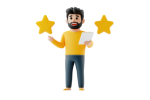 A cheerful character holds a document while gesturing with enthusiasm, flanked by two yellow stars. png