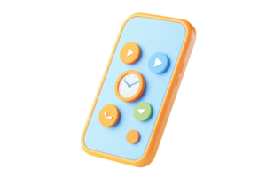 A colorful toy device featuring various buttons and a clock display, designed for playful interaction. png