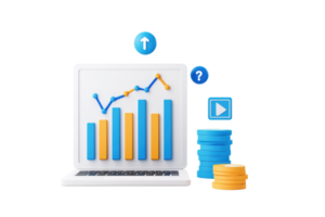 A laptop displaying a colorful bar graph, accompanied by stacks of coins and icons representing upward trends and media. png