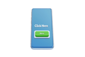 A digital button with a blue background and a green Click Here prompt, inviting user interaction. png