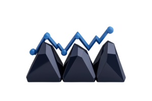 A stylized representation of three geometric shapes with a rising blue line graph, symbolizing growth and progress. png