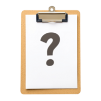 A clipboard displaying a large question mark on white paper, symbolizing inquiry or uncertainty. png
