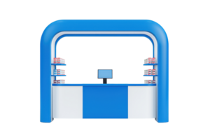 A modern blue and white display counter with shelves for products, featuring a central screen for information or transactions. png
