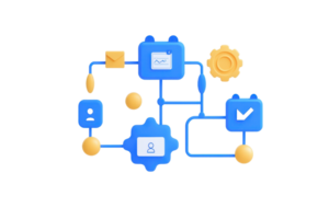 A collection of interconnected icons representing data processing, analysis, and workflow automation. png