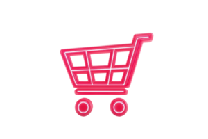 A bright pink shopping cart icon with a modern design featuring a grid structure and rounded wheels. png