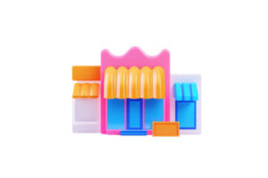 A colorful toy storefront featuring a pink building with multiple awnings, windows, and a sign. png