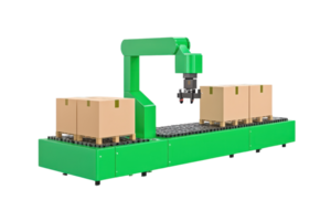 A robotic arm equipped with a gripper, positioned above a conveyor belt carrying several cardboard boxes. png