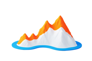 A colorful mountain range with sharp peaks and a smooth, white snow-covered base surrounded by a blue body of water. png
