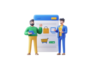 Two stylized characters engage with a shopping interface, showcasing digital commerce and interaction. png