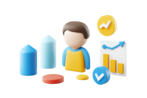 A stylized illustration of a person surrounded by various data visualization elements like charts and graphs. png